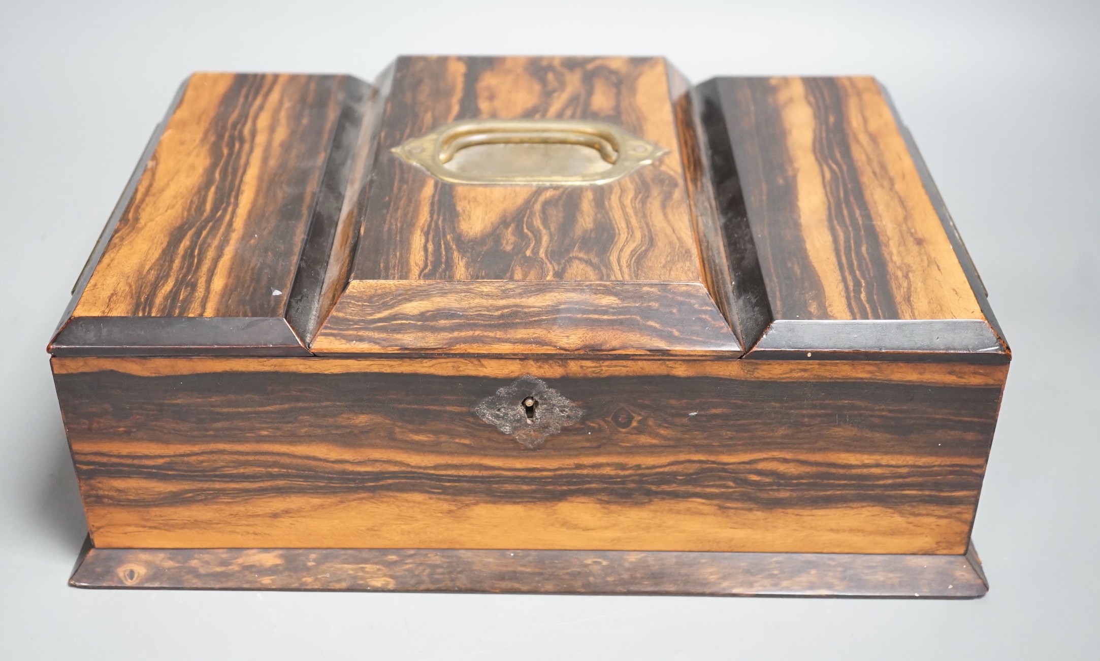 A Victorian calamander veneered humidor / three divisional caddy together with a small barometer and bulkhead clock (3), humidor 31cms wide